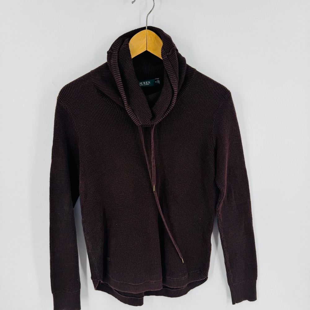 Lauren Ralph Lauren Chocolate Brown Funnel Neck Waffle Knit Top Size M Earthy